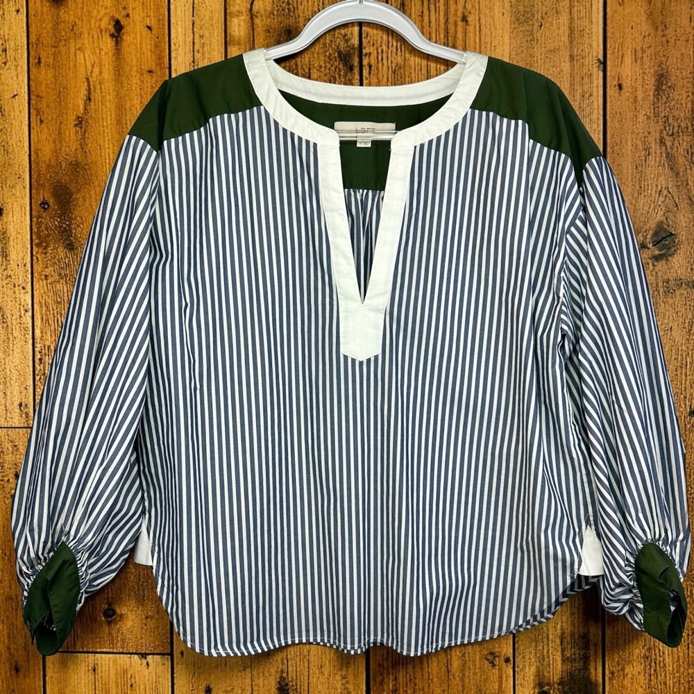 LOFT Blouse Striped V-Neck Colorblock Green Blue White Womens Medium